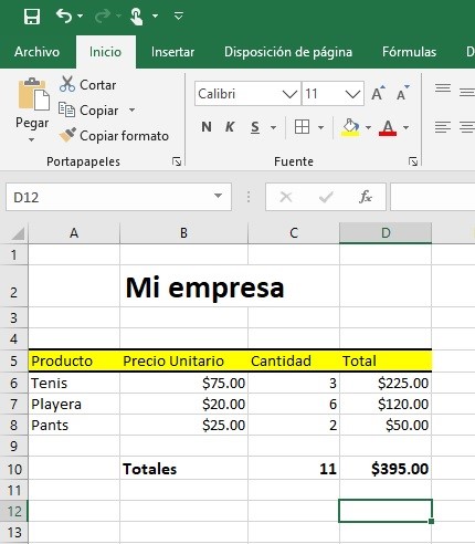 Hoja de Excel con formato