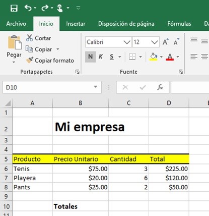 Hoja de calculo en Excel